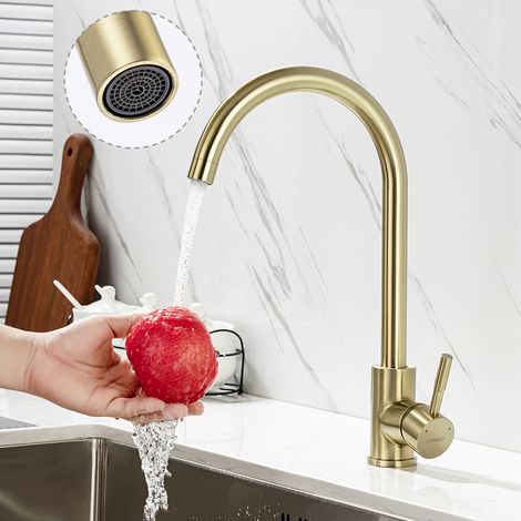 Lonheo Grifo de cocina de Acero inoxidable Dorado, Giratorio a 360° Grifo de Fregadero con Aireador desmontable, Grifo Cocina para Agua caliente y fría, U-Formas (1/5)