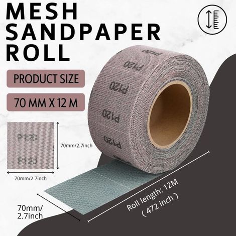 Grain 150 Rouleau de papier a poncer de filet 70mm x 12m, Papier Abrasif, Collocation avec une ponceuse à main de 70mm de large, pour meubles en bois, finition du métal, polissage automobile (1/4)