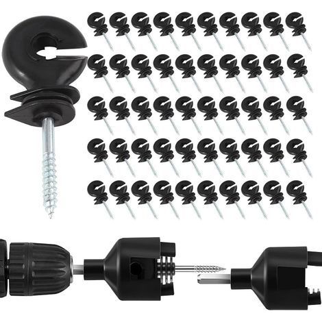 Lot de 50 isolateurs annulaires pour clôture électrique, isolateurs à vis, isolateurs à vis, accessoires de clôture électrique pour poteaux en bois et 1 mandrin de clôture électrique, auto-attaque (1/5)