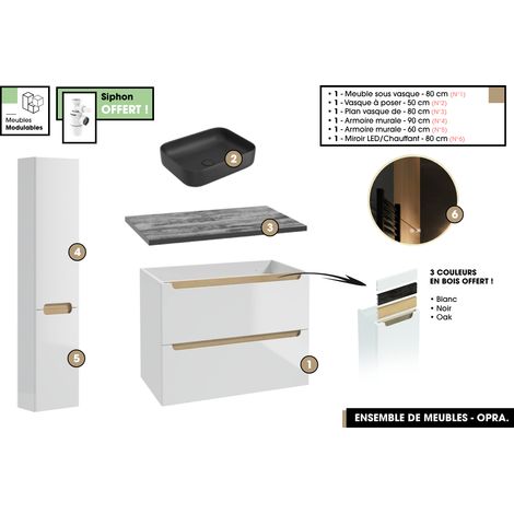 Ensemble complet de salle de bain - Meuble - Plan - Armoires - Miroir - Vasque à poser avec Siphon OFFERT OPRA 80 x 60 x 45 cm (1/5)