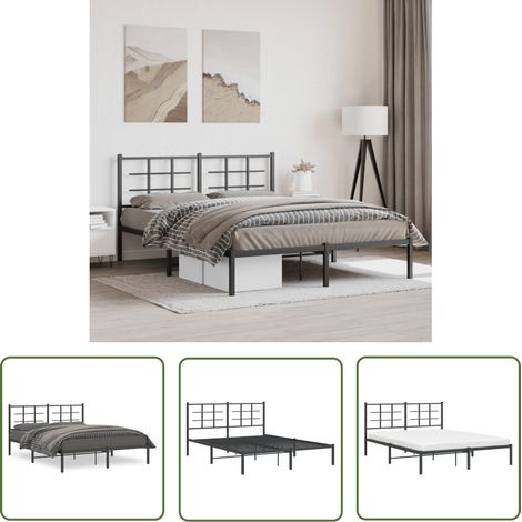 The Living Store Bettgestell mit Kopfteil Metall Schwarz 160x200 cm - Metallbettfundament - Schwarzes Bettgestell - Boxspringrahmen - Doppelbett - Bettrahmen (1/5)