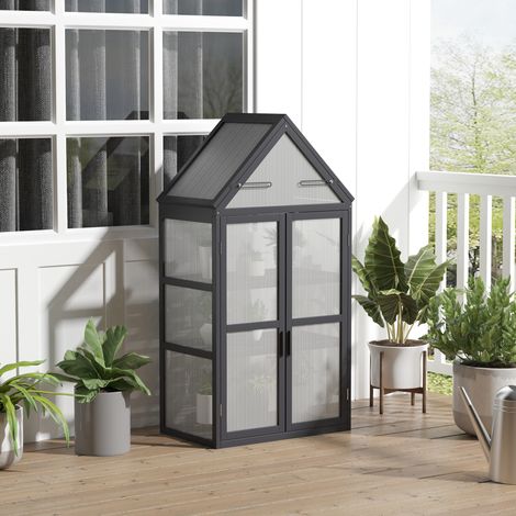 Serra mini Outsunny a 3 livelli, con tetto incernierato e doppie porte, in legno e policarbonato, resistente alle intemperie, colore naturale, dimensioni 70,5 x 42 x 132 cm.