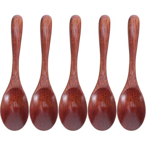 Lot 5 cuillères japonaises hêtre laqué 15,5x4 cm, légères pour miel, thé, café, condiments, desserts (1/5)