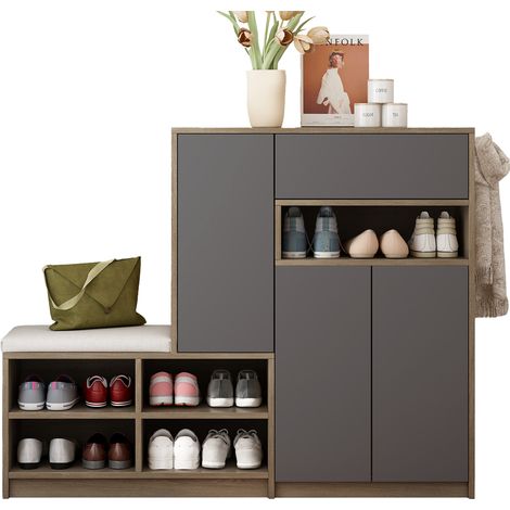 Schuhbank und Schuhschrank mit gepolstertem Sitz, multifunktionales Schuhregal mit verstellbaren Einlegeböden für den Flur, Grau, B140 x T35 x H110 cm