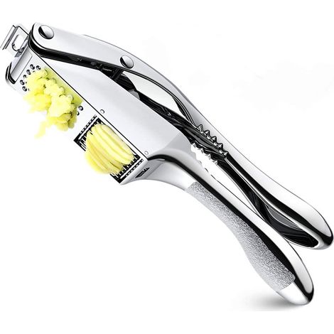 Garlic press, garlic press, slicer, 2-in-1 garlic chopper, stainless steel, dual function, professional hand-operated garlic press with non-slip handle for kitchen and home use (1/5)
