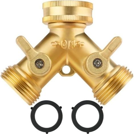 Robinet double 2 voies 3/4" en laiton - connecteur en Y pour tuyau d'arrosage, régulateurs indépendants, étanche (1/4)