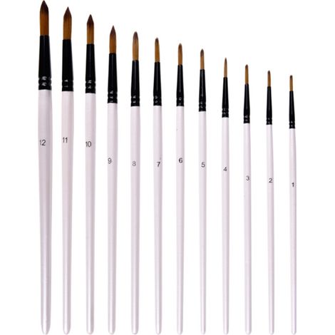 Set mit 12 weißen Nylonpinseln mit runder Spitze für Acryl-, Öl- und Aquarellmalerei.