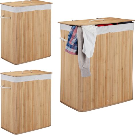 3x Cesto Portabiancheria Rettangolare con Coperchio, 95 L, Organizer con 2 scomparti, Pieghevole, Bambù, Marrone Chiaro