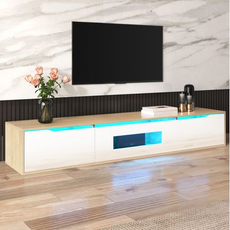 Meuble TV 180 x 35 x 30 cm avec LED multicolore, blanc brillant et bois DESVIAE (1/5)