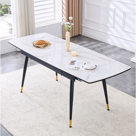 REDOM Esstisch 200.0x80.0x76.0 cm, ausziehbar, weiße Marmoroptik, schwarze Metallbeine mit goldenen Akzenten, Sinterstein (1/5)