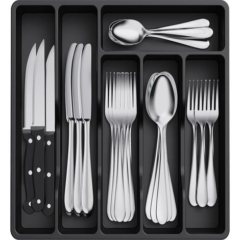 Organisateur de couverts en plastique pour tiroir – Boîte de rangement avec couvercle transparent – 6 compartiments – Dimensions 32x30x5,4 cmnoir (1/5)