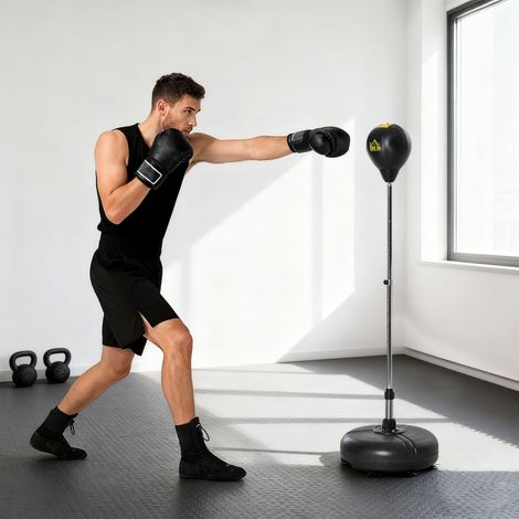 Sac de boxe debout 151 cm noir avec hauteur réglable en 4 niveaux, gants à base remplissable et gonfleur Ø45x133-