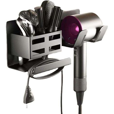 Support pour sèche-cheveux, support non perforé pour sèche-cheveux avec range-câbles, support mural pour sèche-cheveux pour hôtel, chambre, salle de bain, casier (noir 26,2 x 11,8 x 10,6 (1/4)