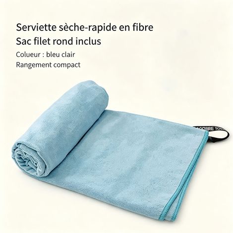 Serviette en microfibre à séchage rapide, double face douce et absorbante, bleu clair. Idéale pour le sport, la salle de bain et la plage. (1/5)