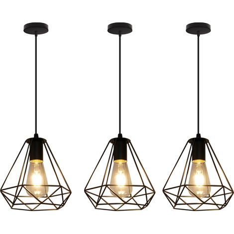 Pendelleuchte Hängelampe mit Käfig Ø20cm Diamant Lampen im Industri Stil für für Wohnzimmer Esszimmer Schwarz 3PCS