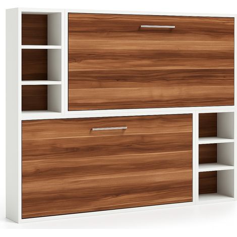 Lit escamotable superposé avec niches de rangement BRIANO Blanc Sans matelas-90x190-Cadre Blanc-Façade Noyer (1/5)
