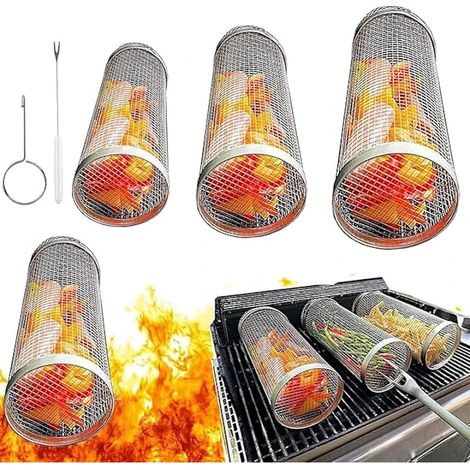 Lot de 3 paniers à griller à roulettes en acier inoxydable, accessoires de barbecue pour le camping et les pique-niques en extérieur. (1/5)