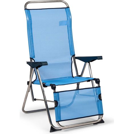 Transat réglable 5 positions – Dossier anatomique ergonomique – Tube aluminium léger 22mm – Tissu textilène bleu – Dimensions 75x63x114 cm – Solenny (1/6)