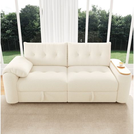 Divano modulare 3 posti con contenitore e tavolino integrato, tessuto Teddy beige HAVRYA (1/5)