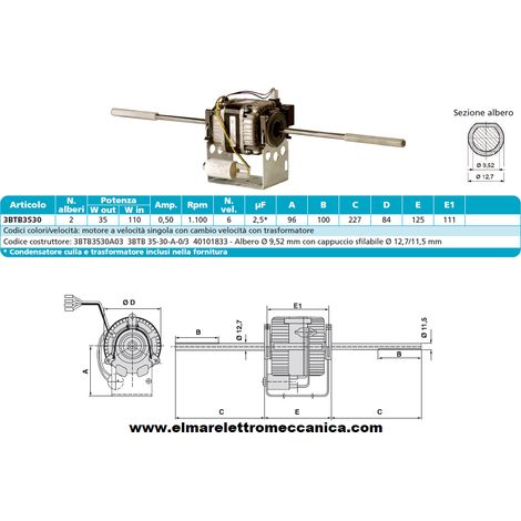 ELCO 3BTB 35-30-A-0/3 Motore 110 W BIALBERO 6 Velocità aspiratore Fan Coil