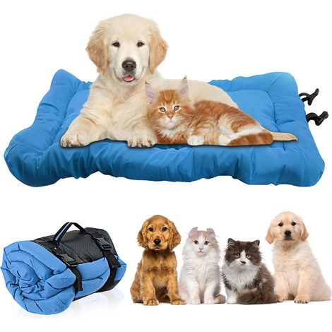 Lit d'extérieur imperméable pour chien, 90 x 60 cm, pliable, avec sac de transport, emballage de compression sous vide pour camping, voiture et voyage, bleu (1/5)