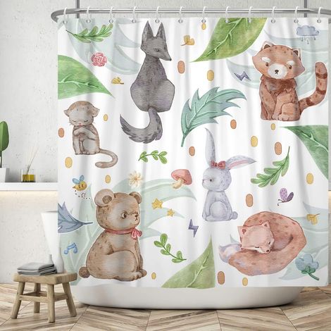 180x180cm Rideau de Douche Animal de Bande dessinée Mignon Chat Lapin Renard Rideau de Bain Peint à la Main drôle Animal Plante Rideaux de Douche Rideau de Baignoire étanche (1/5)