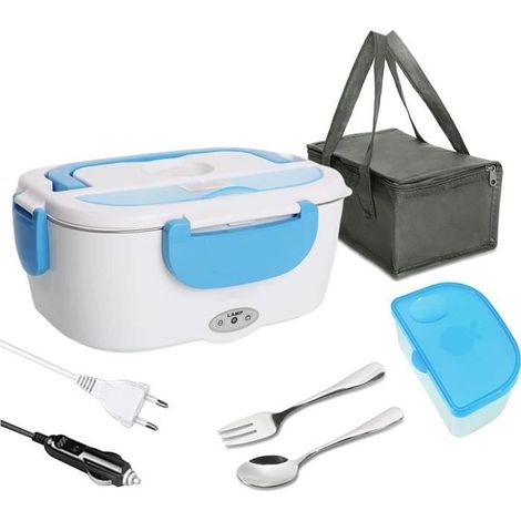 Lunch Box Électrique - FOLAYA - Amovible - Acier Inoxydable 304 - 1,1-1,5 L - Bleu avec cuillère (1/4)