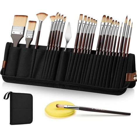 Kit de 26 pinceaux pour peinture acrylique et à l'huile – Ensemble professionnel pour artistes incluant couteau à peindre (formes : plat, éventail, langue de chat, rond, filet/rigger)