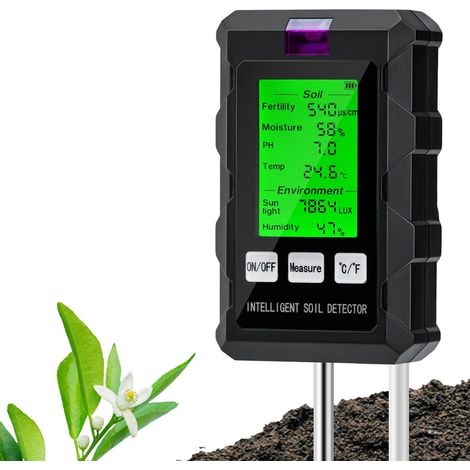 Testeur de pH du Sol 6 en 1, Testeur pour Humidité/Fertilité/pH/Température/Lumière/Humidité Ambiante (1/5)