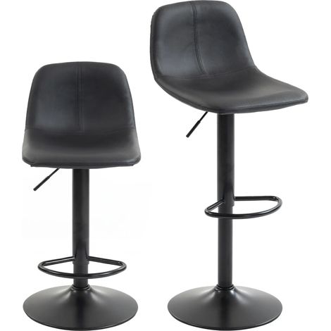CHICFURN Set de 2 taburetes de bar regulables en altura, giratorios 360°, con respaldo, reposapiés y base de acero, tapizados en cuero regenerado negro (1/5)