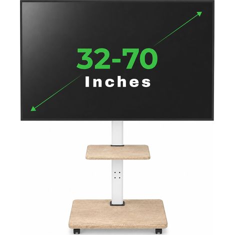 Support TV Mobile avec Socle en Bois, Meuble TV à roulettes 32-70" jusqu'à 45 kg, Chariot Meuble TV réglable en Hauteur jusqu'à env. 130 cm, Rotatif ±25° Max. VESA 600x400 Blanc (1/5)