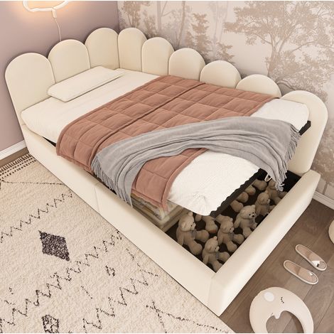 Lit banquette moderne 90x190 cm en velours beige avec tête de lit, sommier à lattes métallique et coffre relevable (1/5)