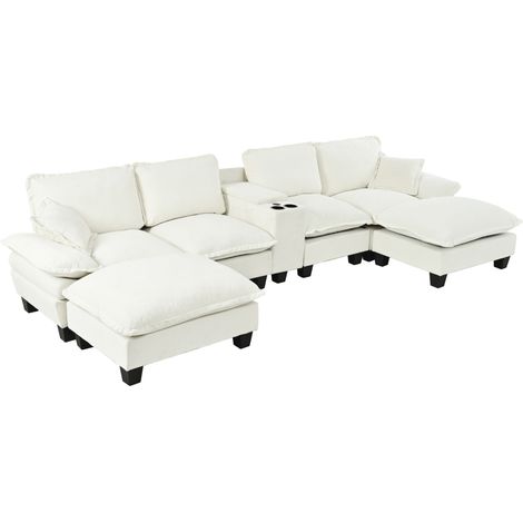 Sofá modular en U con forma de barco en chenilla beige, portavasos y pufs (1/5)