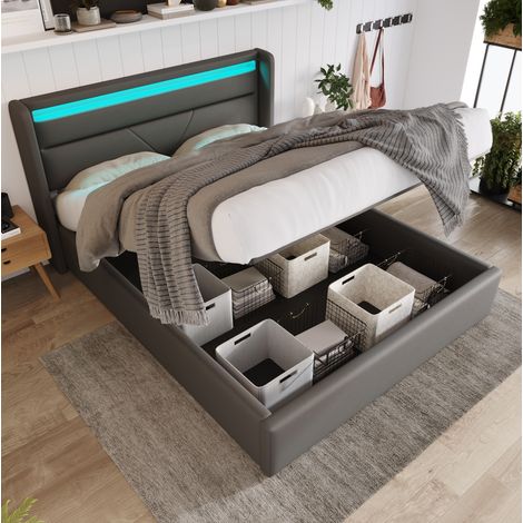 Cama con almacenaje 140/200 cm gris de PU con LED y somier elevable (1/5)