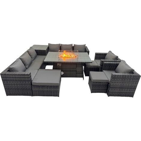 Fimous 11 Seater Garden Outdoor Rattan Furniture Set Patio Corner Sofa Gas Firepit Dining Table with Side Table 3 Stools Dark Grey (1/5)