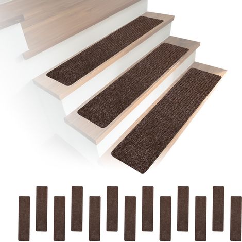 Relaxdays Stufenmatten 16er Set, rechteckige Treppenstufenmatten, 75 x 20 cm, selbsthaftende Treppenteppiche, braun (1/5)