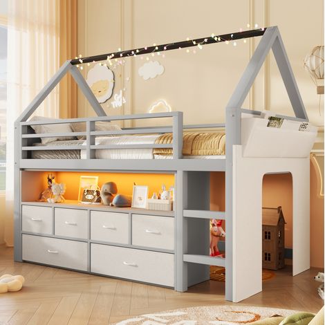 Letto a soppalco bambini 90x200 cm legno/MDF grigio, 6 cassetti, salvaspazio - MEUBLIV (1/5)