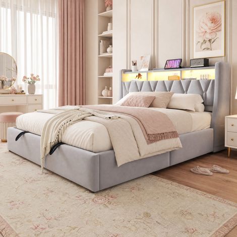 Letto imbottito 180x200 cm con contenitore idraulico, testiera con presa e LED, grigio chiaro (1/5)