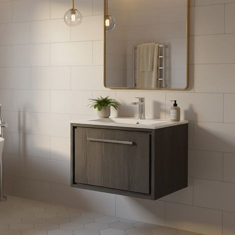Hudson Reed Lille Wall Hung 1-Drawer Vanity Unit with 1TH Minimalist Basin 600mm Wide - Graphite Grey Woodgrain (1/5)