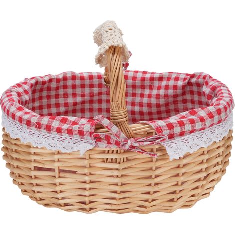 Picknickkorb aus Weide mit herausnehmbarem Einsatz, handgeflochtener leerer Korb mit Griff, ideal für Ostern, Camping, Hochzeiten und Familientreffen, rot-kariertes Muster. (1/5)