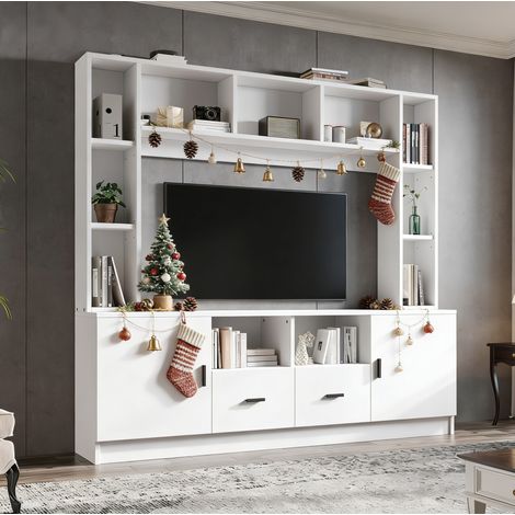 Meuble TV mural 180 x 35 x 170 cm avec 2 armoires, 2 tiroirs et 11 compartiments, blanc DESVIAE (1/5)