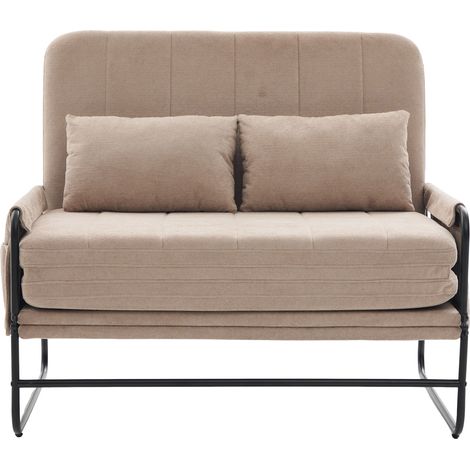 Canapé convertible 2 places en chenille kaki – pliable, cadre métal, rangements latéraux – pour salon, bureau ou appartement (1/5)