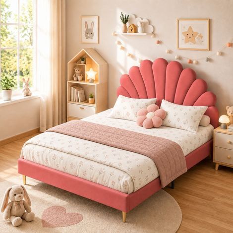 Lit double capitonné 140x190 cm, velours rouge, tête de lit fleurie rembourrée, structure robuste, sommier à lattes, style scandinave, pour chambre (1/5)