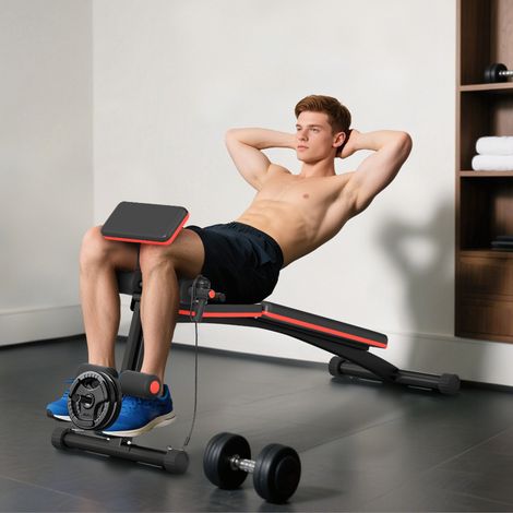 Rouge - Banc de musculation pliant, banc de musculation, dossier inclinable à 7 niveaux, extension de jambes, coussin de prédicateur, bande