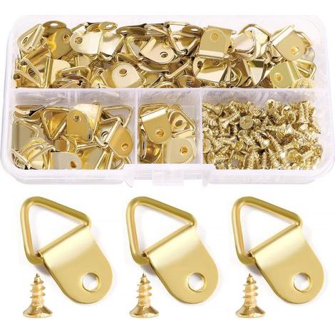CCYKXA 100 Pieces Picture Frame Hooks, Triangular Rings, Hanging Picture Frame Hooks, D-Ring Picture Frame Hooks with 100 Screws for Mounting Picture Frames, Gold