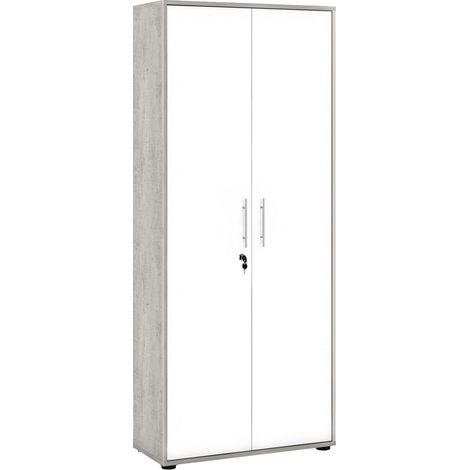 Dmora Libreria a 2 ante e 4 ripiani con serratura, scaffale per libri e documenti, Libreria portaoggetti da ufficio, cm 79x34h188, colore Bianco e Cemento, con imballo rinforzato (1/5)