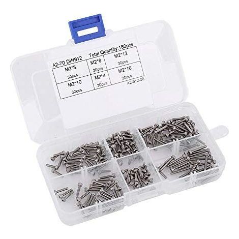 Surtido de 180 piezas M2 DIN912 de tornillos y pernos de cabeza avellanada con hexágono interior en acero inoxidable 304, M2 x 4/6/8/10/12/16 mm