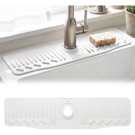 Tapis de robinet d'évier cuisine en silicone 61 cm pare-éclaboussures multifonctionnel blanc pour évier (1/5)