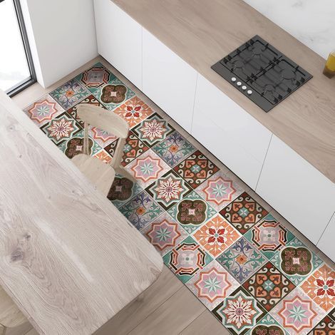1 Tapis De Sol Antidérapant Vinyle 240x50cm Imprimé Tuiles Siciliennes Résistant Eau Pour Cuisine Salle Bain (1/5)