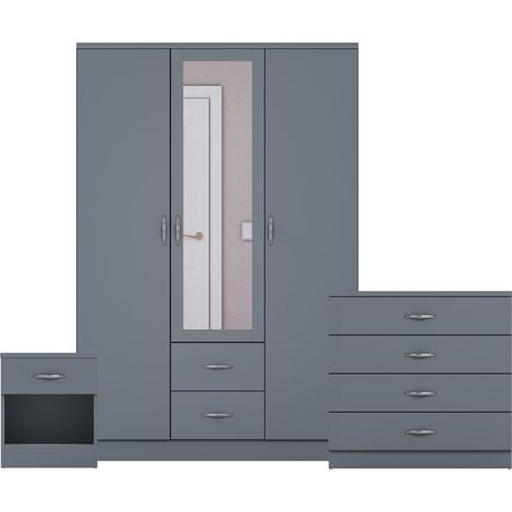 Riano 3 Piece Bedroom Set (1 Drw Bedside Chest, 4 Drw Chest, 3 Dr 2 Drw Mirrored Wardrobe), Grey (1/3)